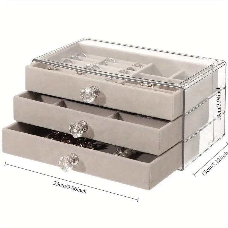 Grey 3-Tier Luxury Velvet Acrylic Jewelry Case w/ Crystal Knob Drawers