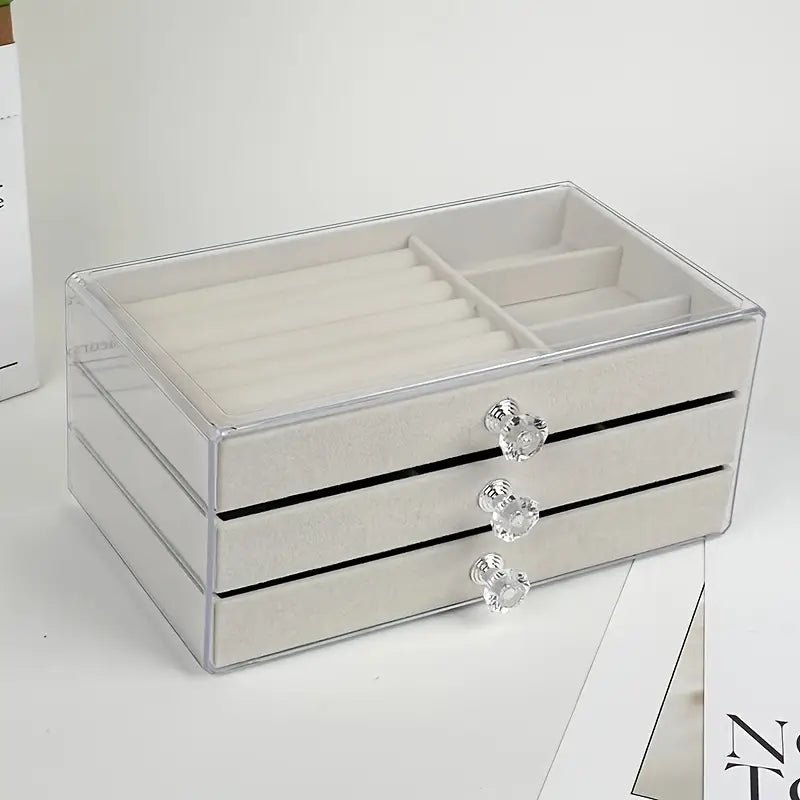 Grey 3-Tier Luxury Velvet Acrylic Jewelry Case w/ Crystal Knob Drawers