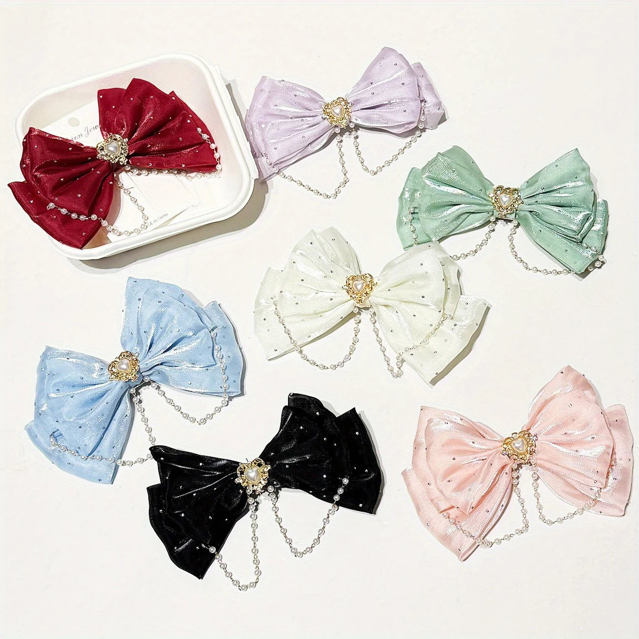 Luxe Sage Green Organza & Tulle French Bow w/ Heart Embellishment and Pearl Drape Jewels 5.4" x 4.75"