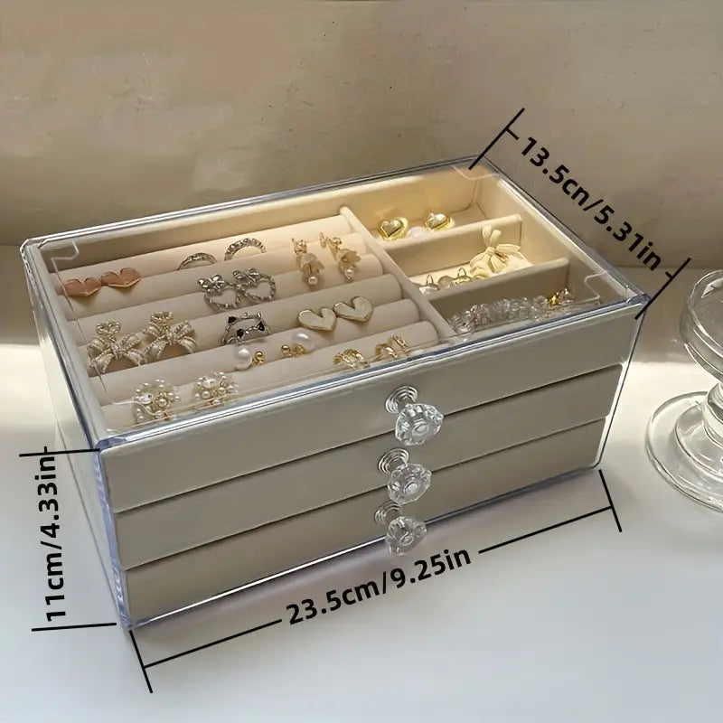 Grey 3-Tier Luxury Velvet Acrylic Jewelry Case w/ Crystal Knob Drawers