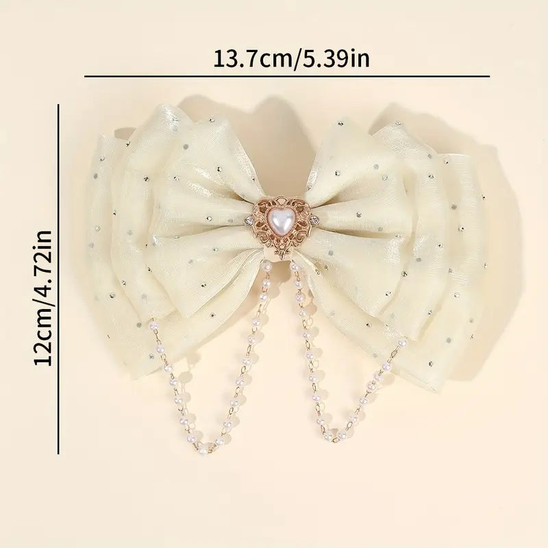 Luxe Beige Organza & Tulle French Bow w/ Heart Embellishment and Pearl Drape Jewels 5.4" x 4.75"
