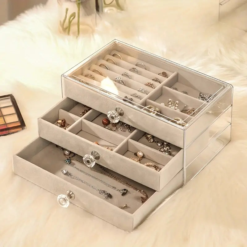 Grey 3-Tier Luxury Velvet Acrylic Jewelry Case w/ Crystal Knob Drawers
