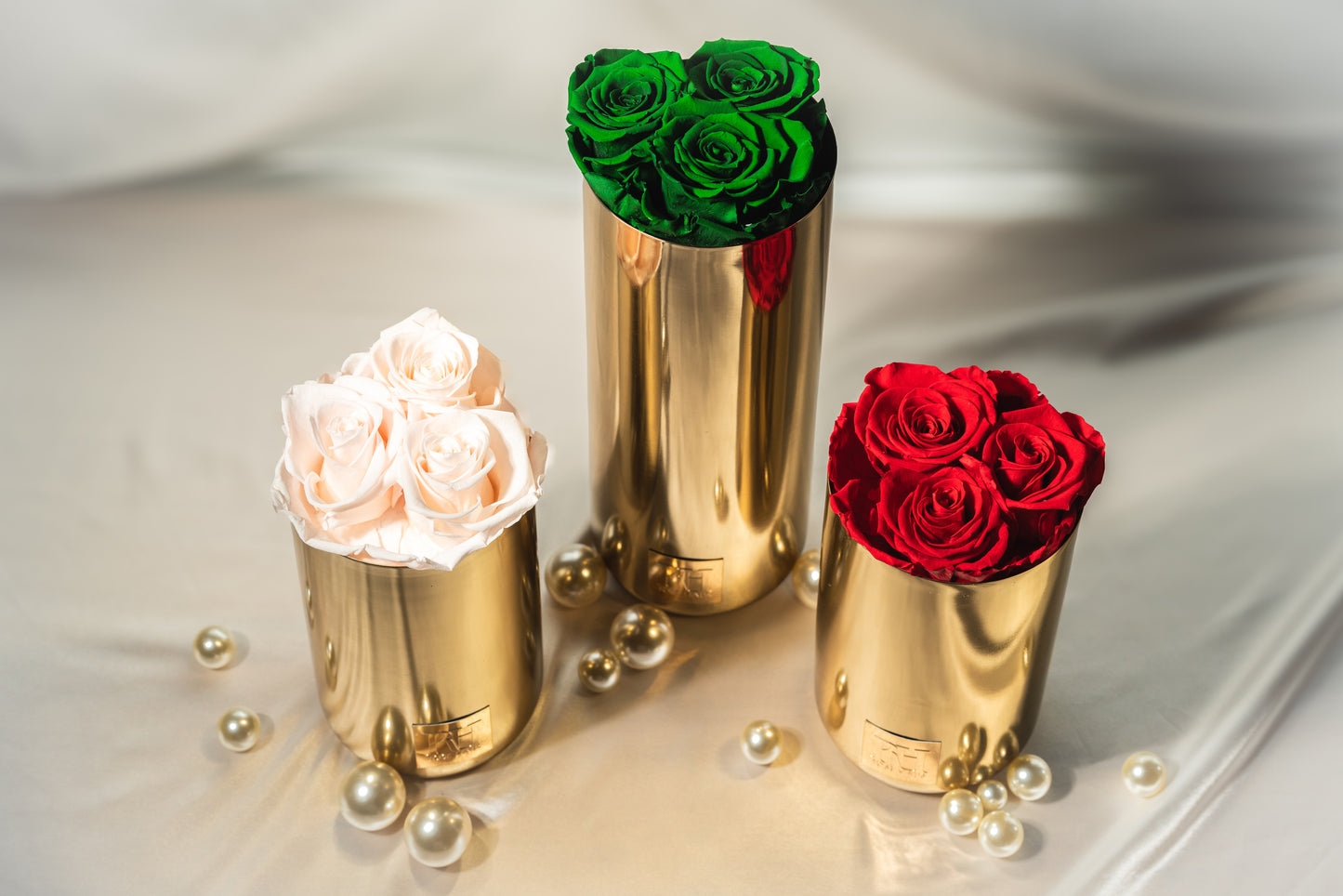 Gold Brass 7" Inch Vase Trio Blush Pink L Ecuadorian Preserved Roses - Metal Plate