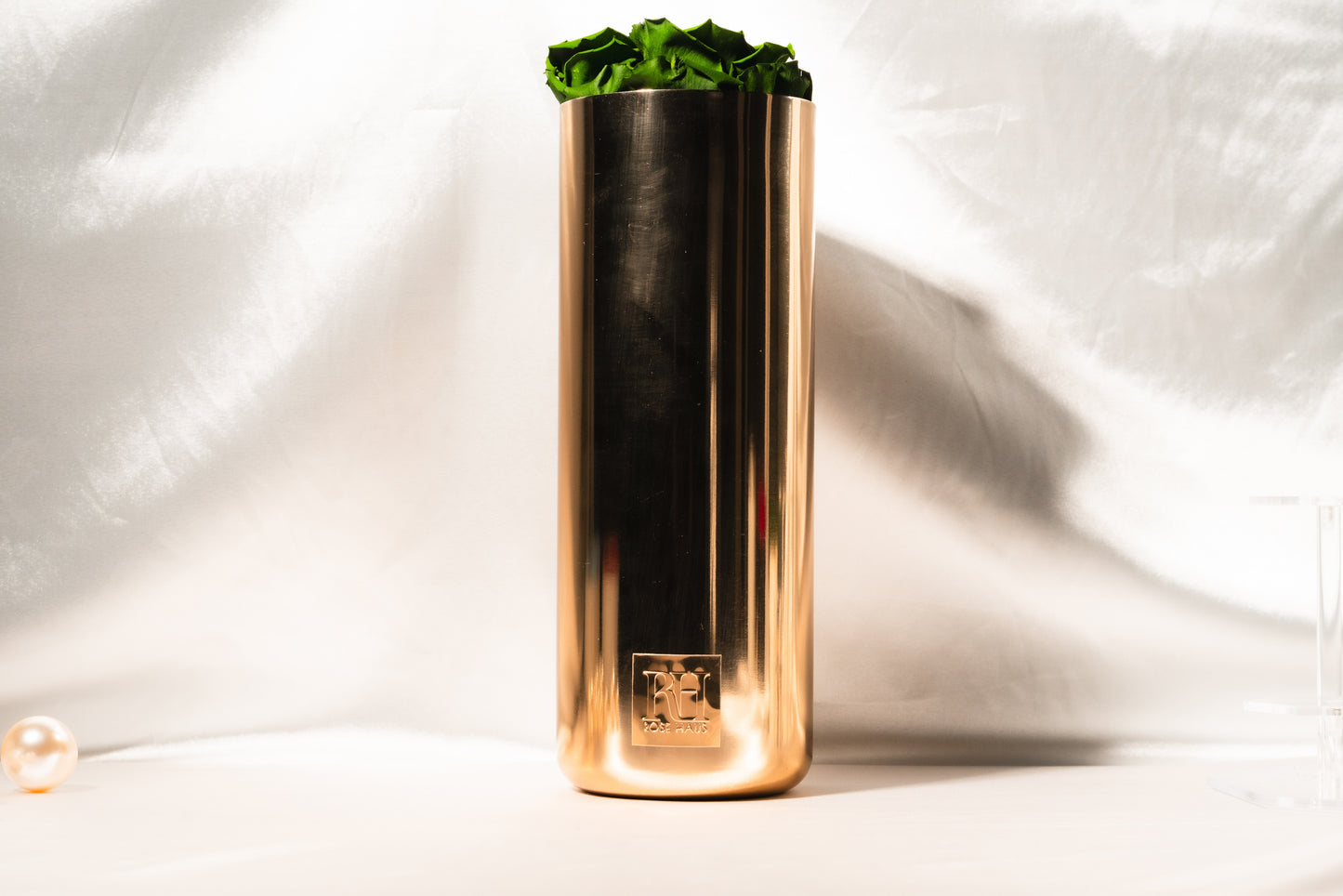 Gold Brass 11" Inch Vase Trio Deep Green L Ecuadorian Preserved Roses - Metal Plate