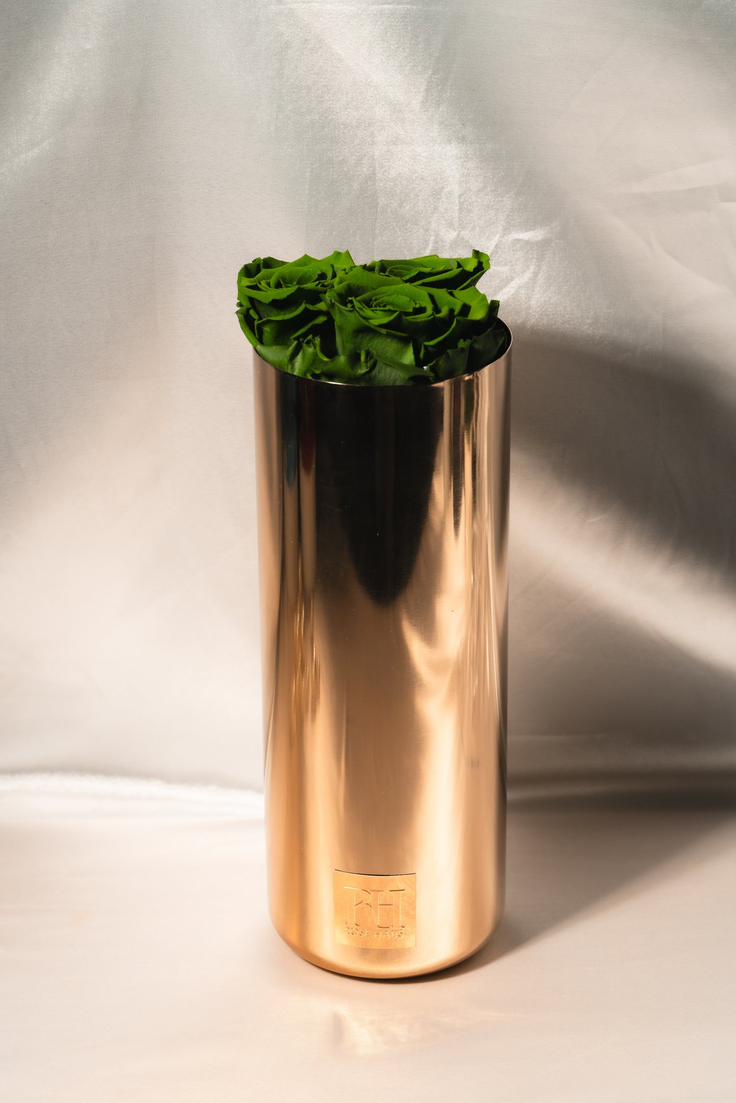Gold Brass 11" Inch Vase Trio Deep Green L Ecuadorian Preserved Roses - Metal Plate