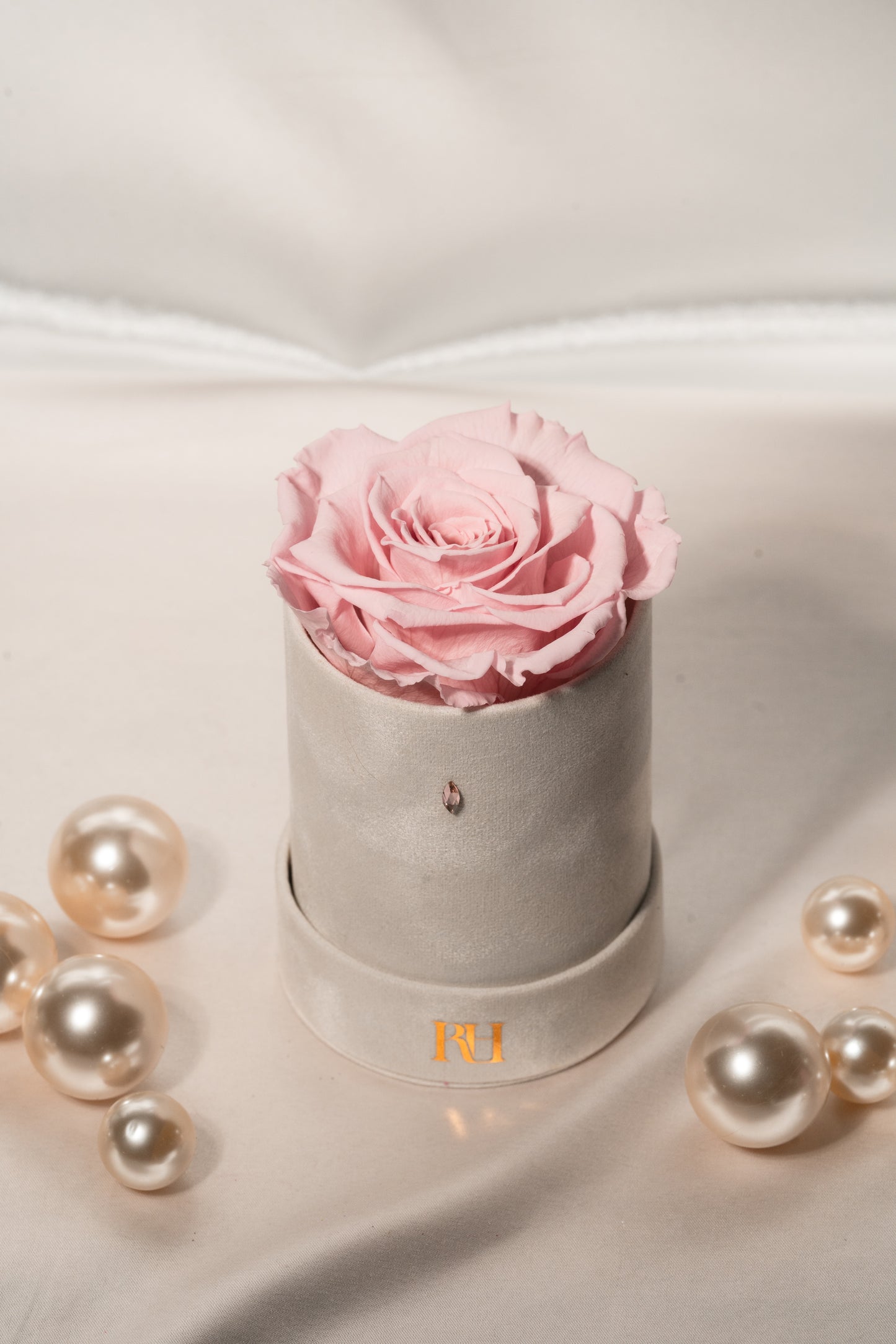 Signature Navette Crystal Single: Pink XXL Real Ecuadorian Preserved Rose in Mini 5" White Velvet Box