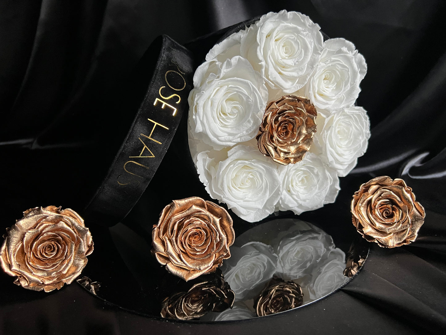 VOLUME Black Suede 12" Inch Tall Luxe Box White XXL Ecuadorian Roses 24K Gold Preserved