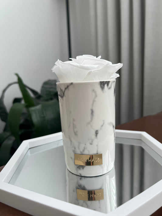White Single Preserved Rose - 5" inch Marble Design Ceramic Mini Vase