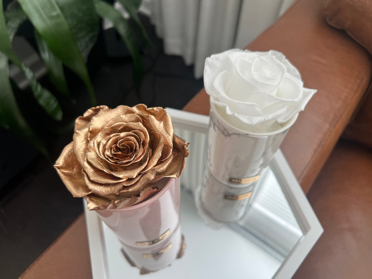 White Single Preserved Rose - 5" inch Marble Design Ceramic Mini Vase