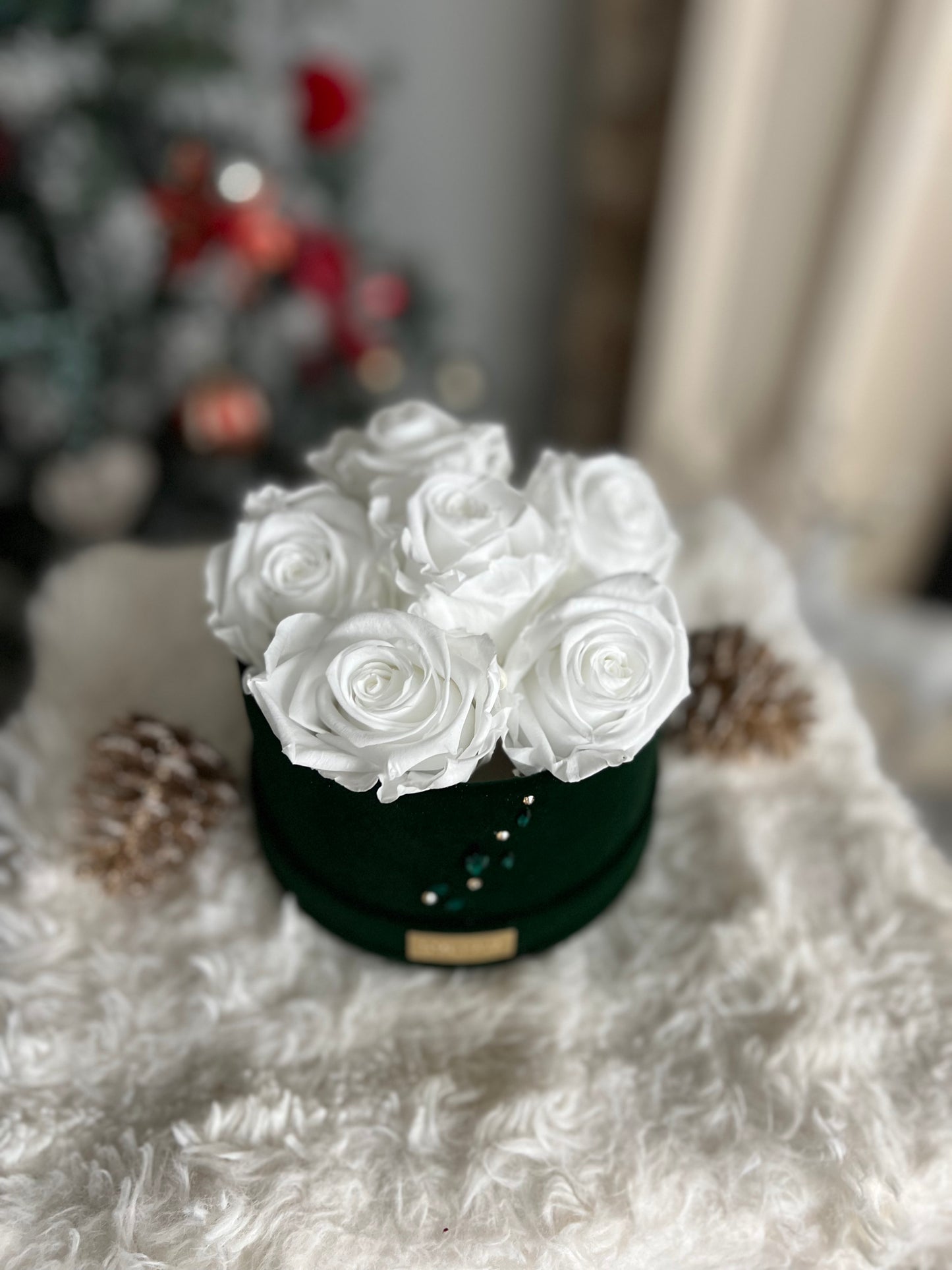 Holiday Swarovski® Crystals 6 White XL Preserved Roses in Petite Emerald Round Velvet 5.5" Box