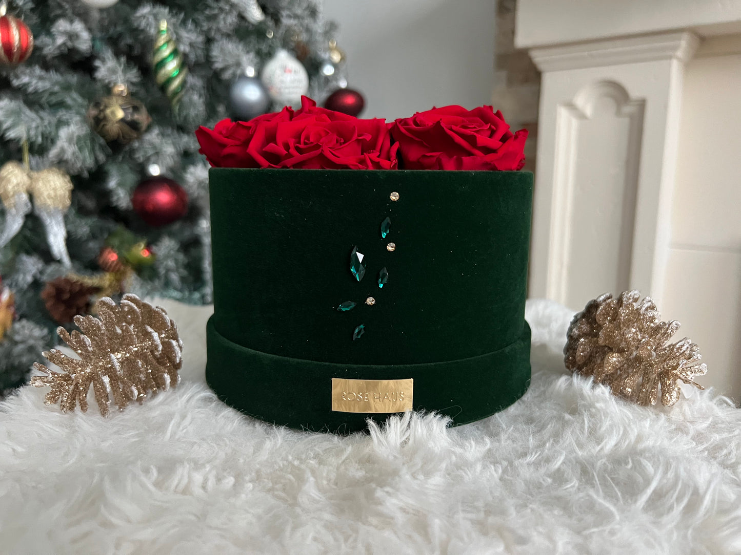 Holiday Swarovski® Crystals 6 RED XL Preserved Roses in Petite Emerald Round Velvet 5.5" Box