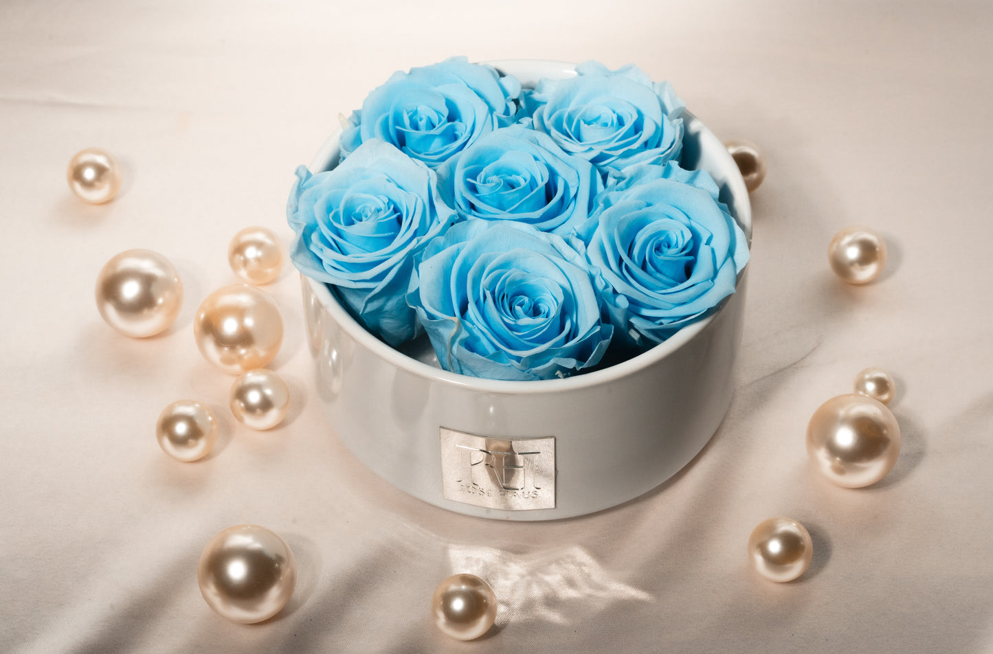 High Rim White Stone Base Light Blue L Ecuadorian Red Preserved Roses Luxury Centerpiece