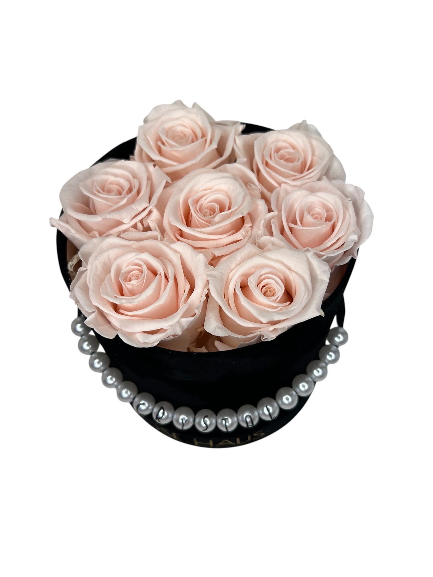 7 Pink XL Ecuadorian Preserved Rose in a Medium Round Black Box with Faux White Pearl Drape
