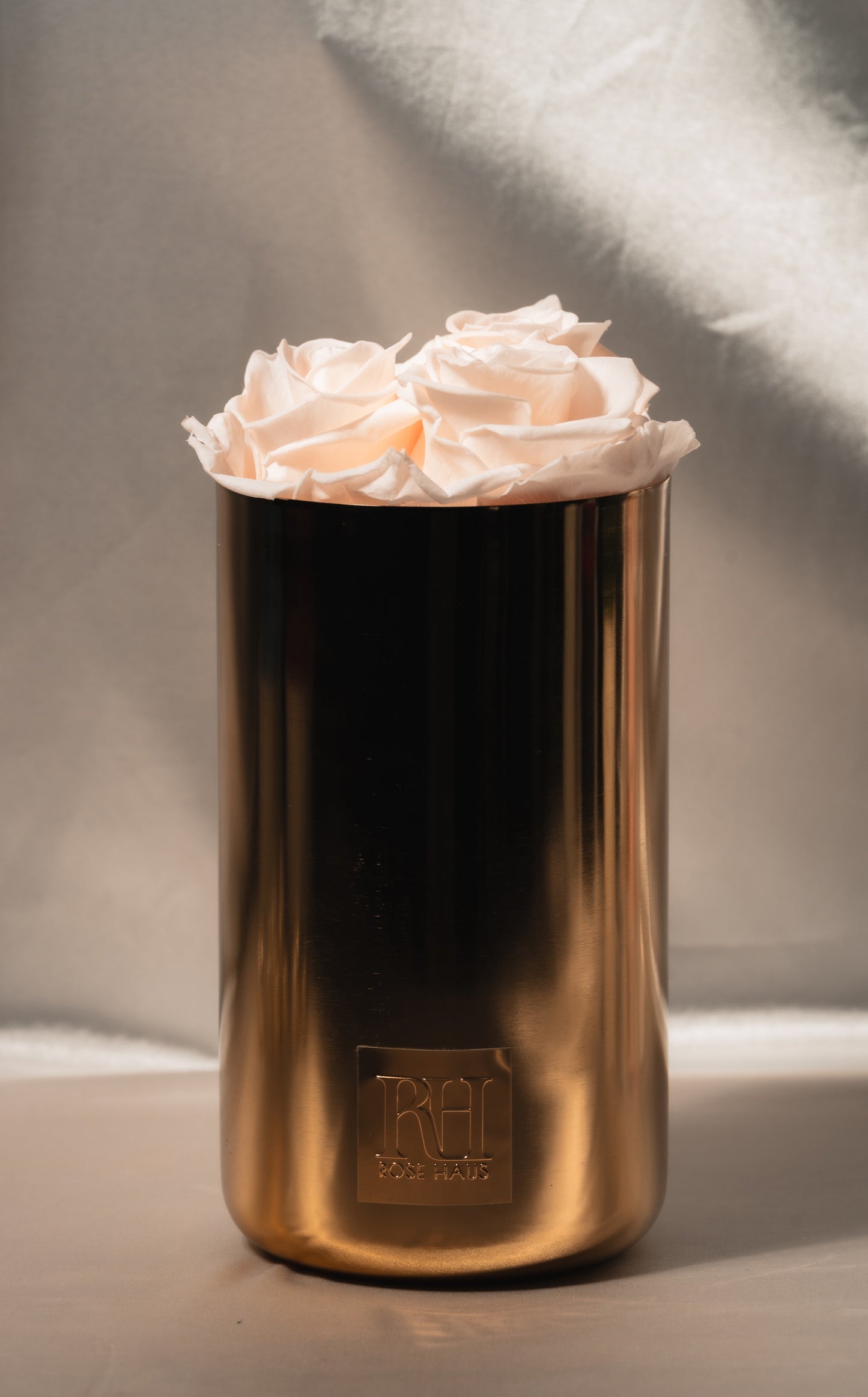 Gold Brass 7" Inch Vase Trio Blush Pink L Ecuadorian Preserved Roses - Metal Plate