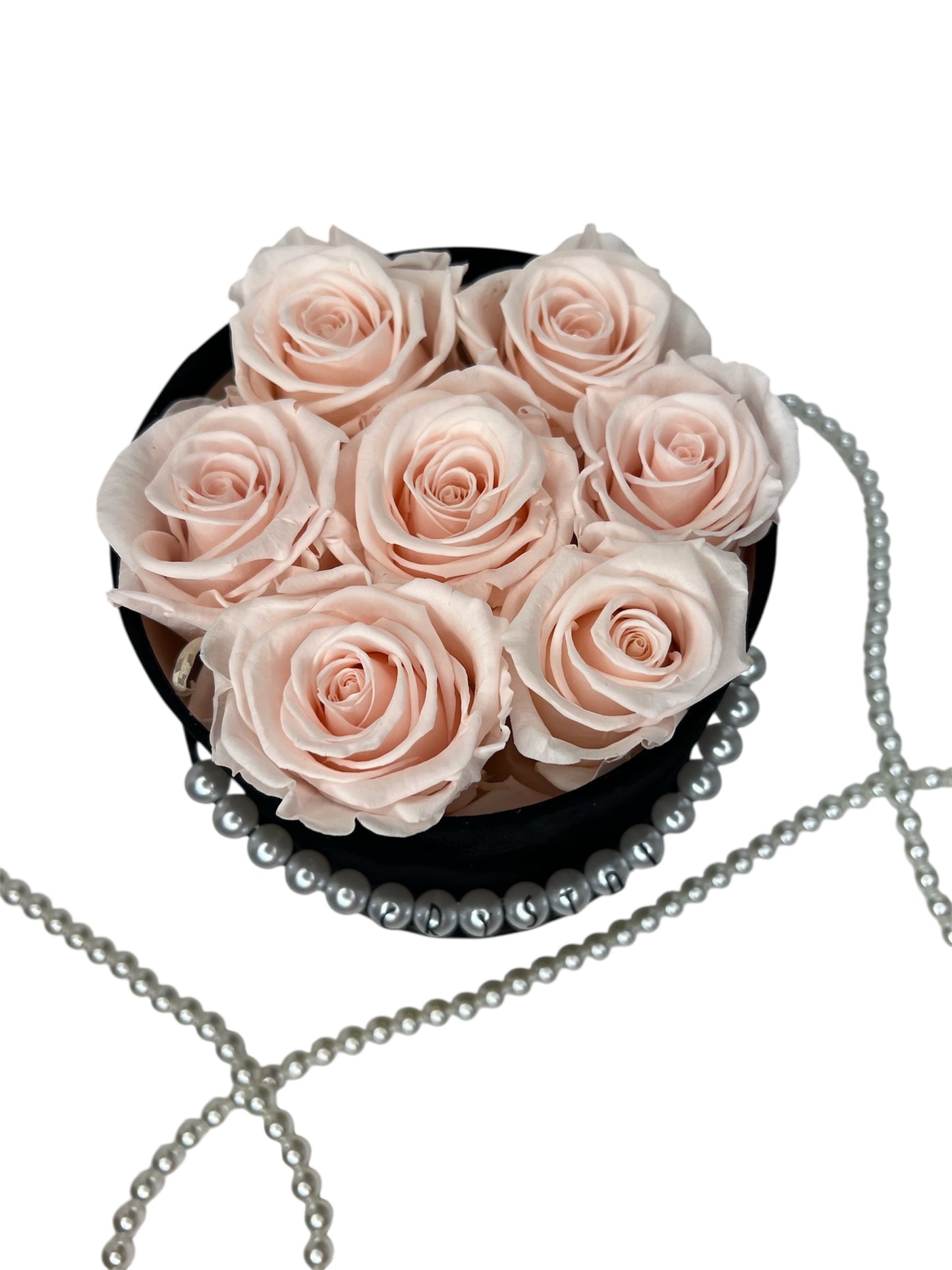 7 Pink XL Ecuadorian Preserved Rose in a Medium Round Black Box with Faux White Pearl Drape