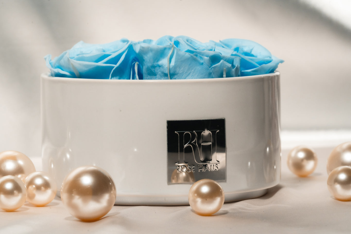 High Rim White Stone Base Light Blue L Ecuadorian Red Preserved Roses Luxury Centerpiece