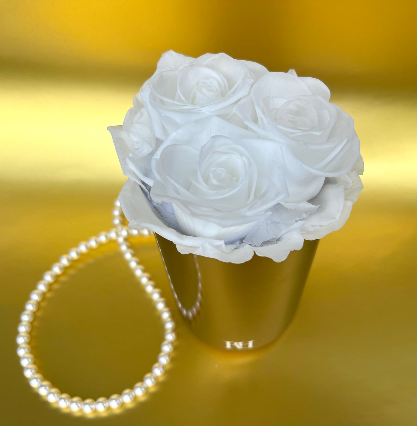 Brass 7" Inch Vase Trio Full Bloom Vibrant White L Ecuadorian Preserved Roses - White Logo Vinyl Decor