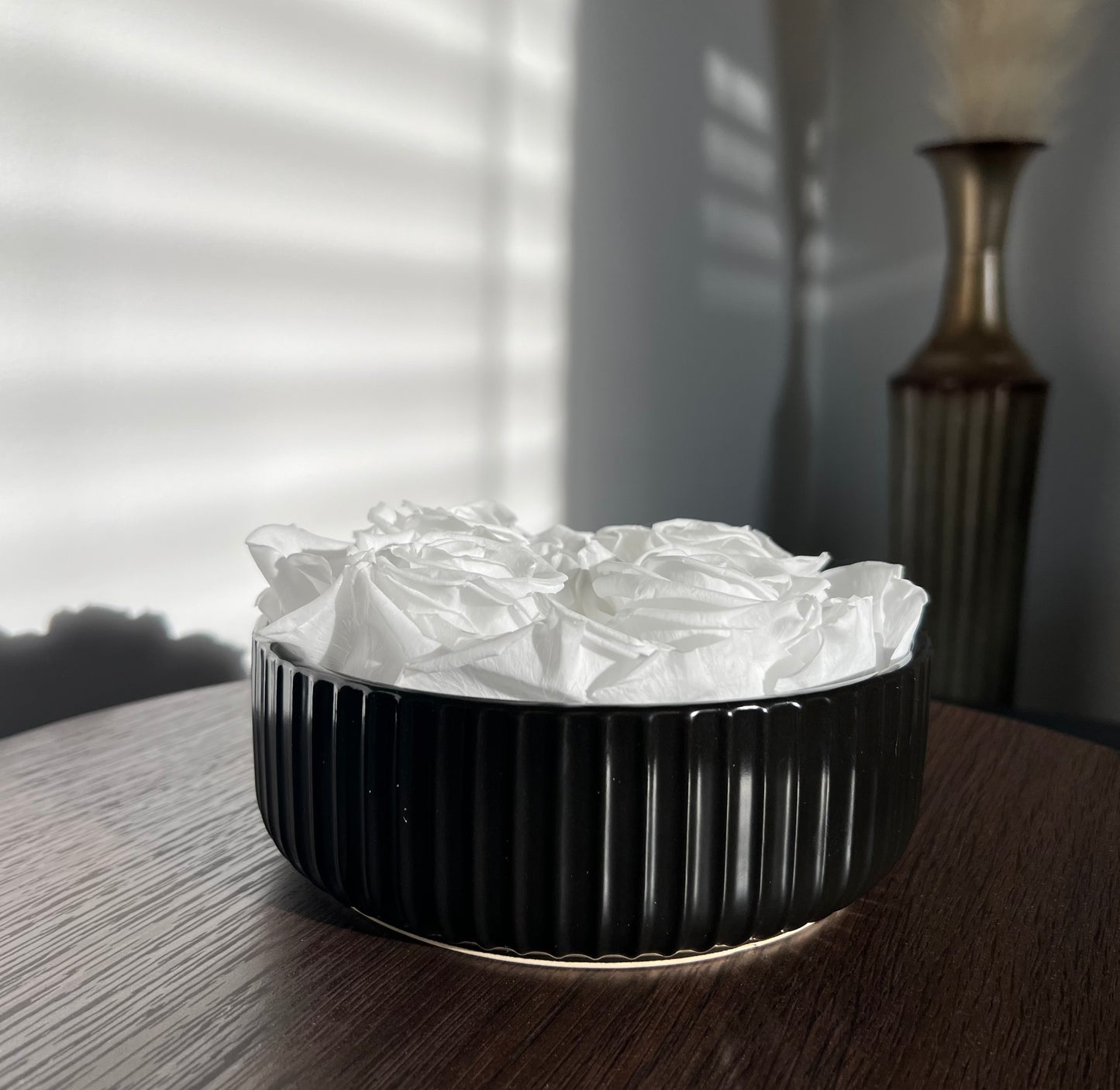 4 XL Ecuadorian Preserved Pure White Roses in a Black Ribbed Flower Pot 6.5' Inch Diameter