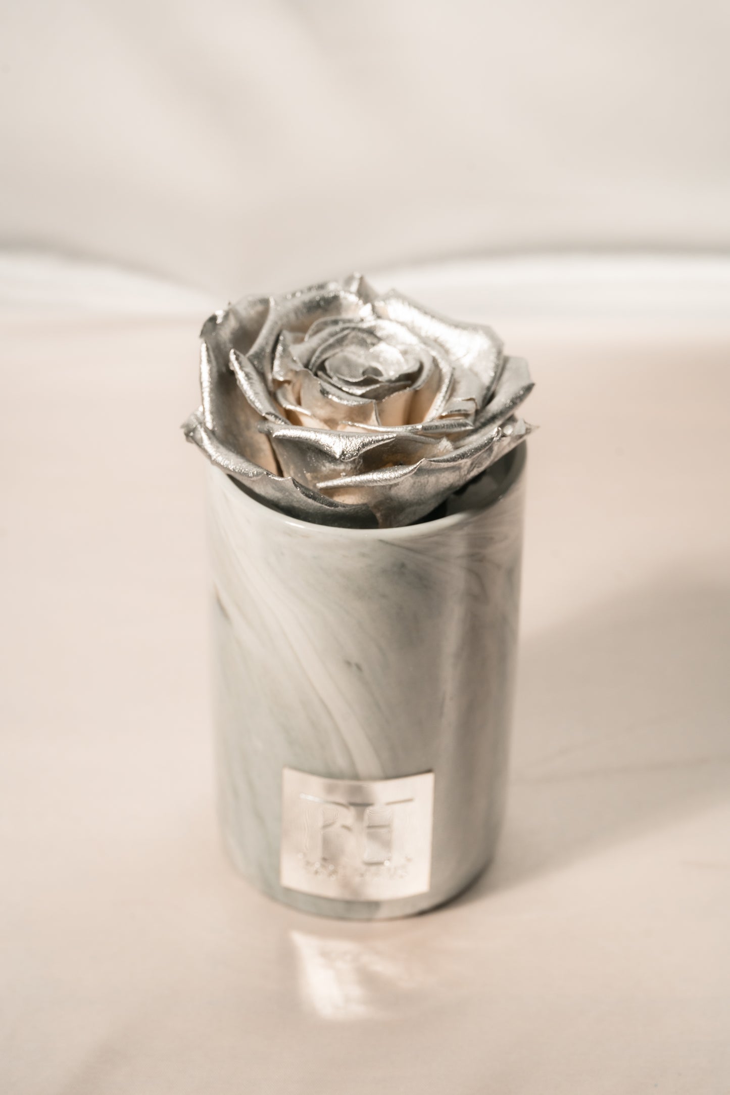 Metallic Silver Single Preserved Rose - 5" inch Grey Ceramic Mini Vase Marble Design