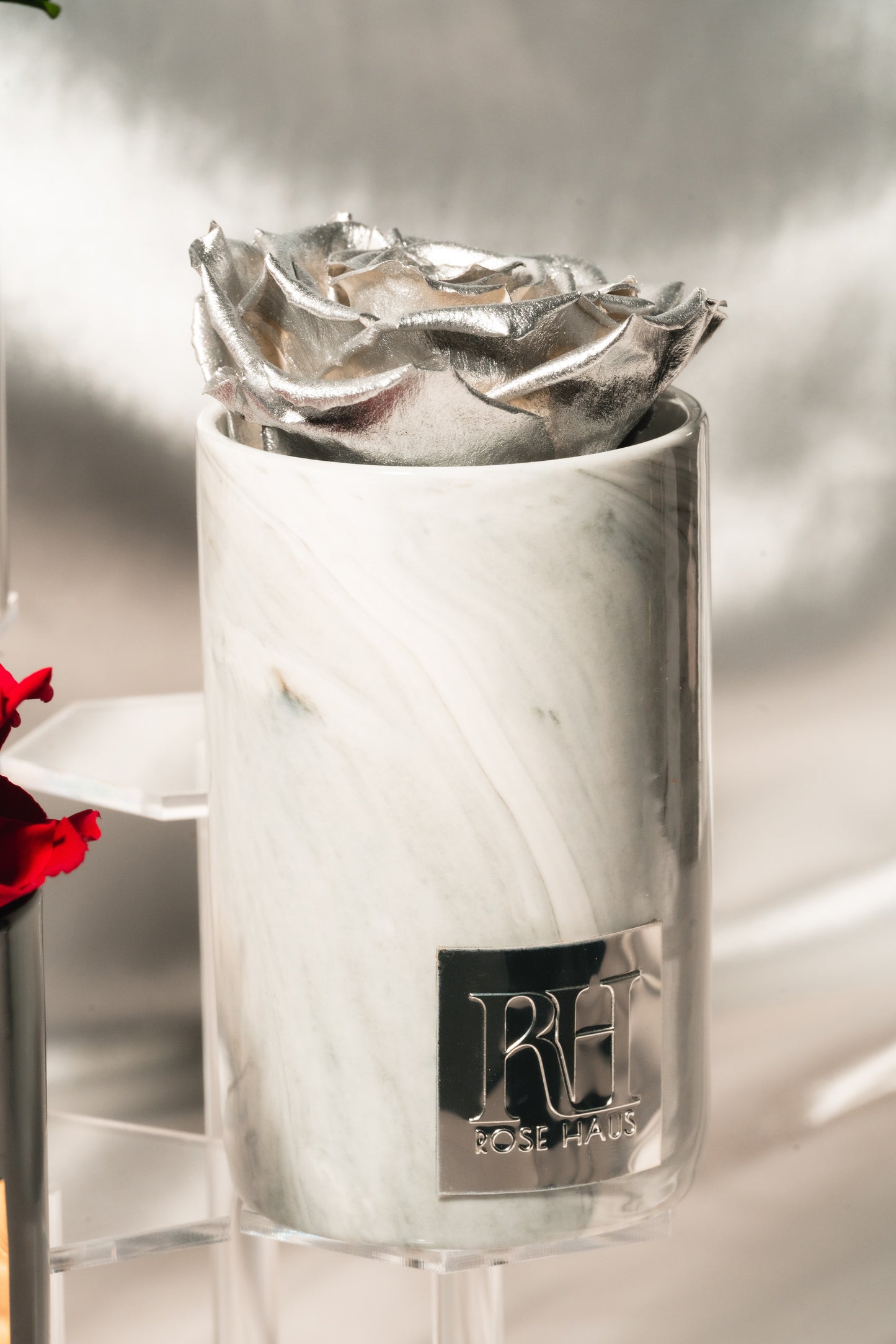 Metallic Silver Single Preserved Rose - 5" inch Grey Ceramic Mini Vase Marble Design
