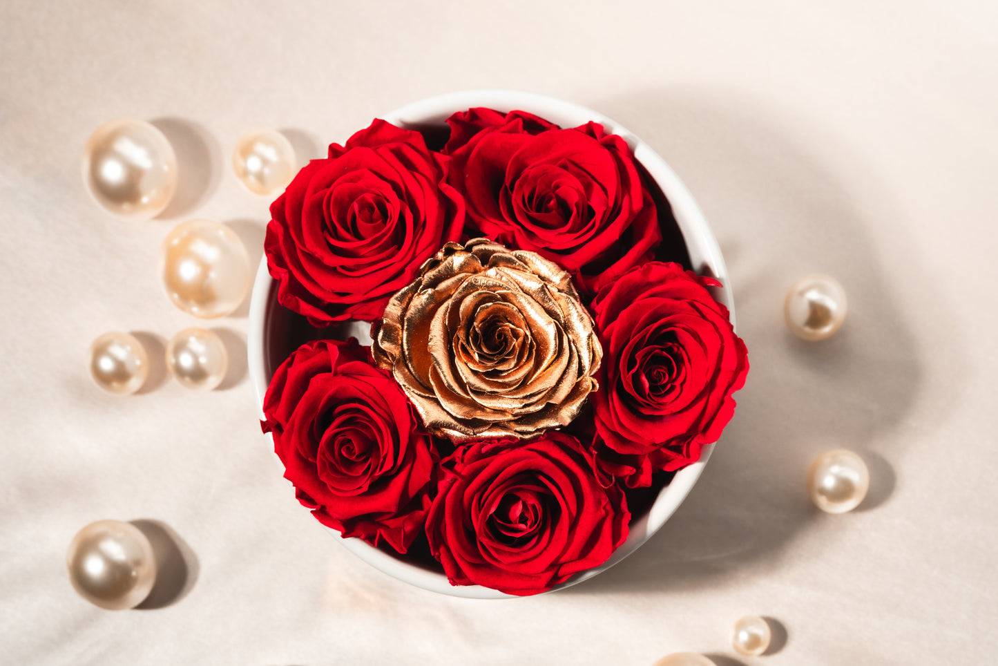 High Rim Stone Base 'Crimson Crown' XL Ecuadorian Red Preserved Roses 24K Edition Luxury Centerpiece