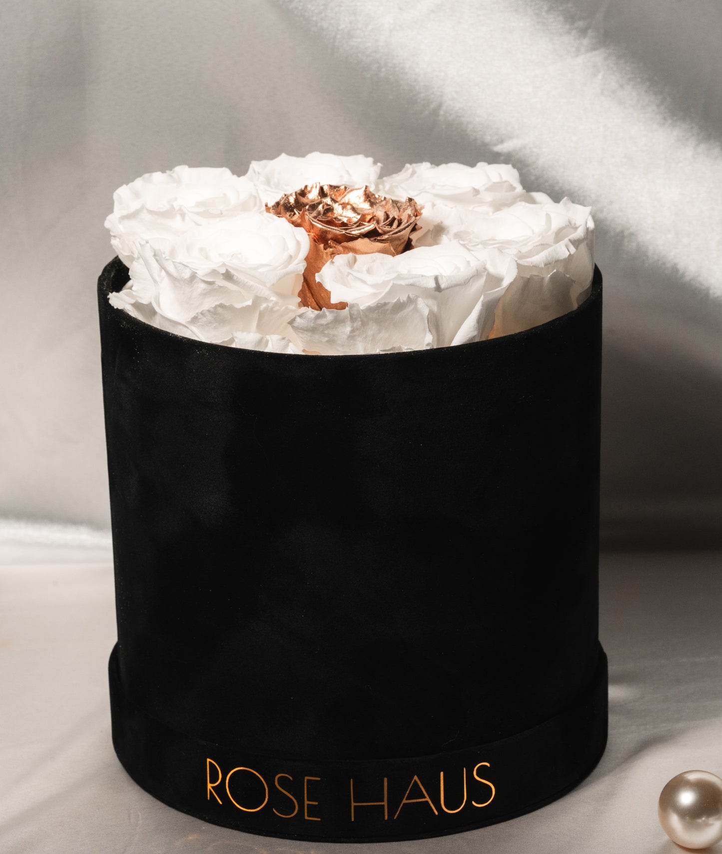 VOLUME Black Suede 12" Inch Tall Luxe Box White XXL Ecuadorian Roses 24K Gold Preserved