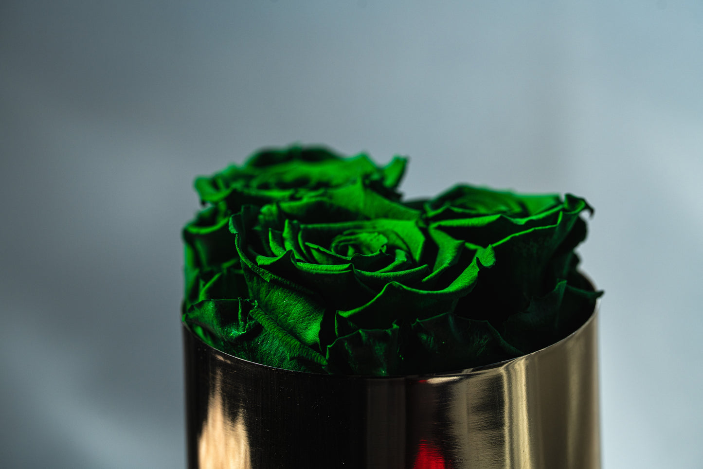 Gold Brass 11" Inch Vase Trio Deep Green L Ecuadorian Preserved Roses - Metal Plate