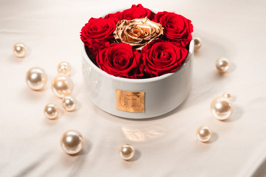 High Rim Stone Base 'Crimson Crown' XL Ecuadorian Red Preserved Roses 24K Edition Luxury Centerpiece