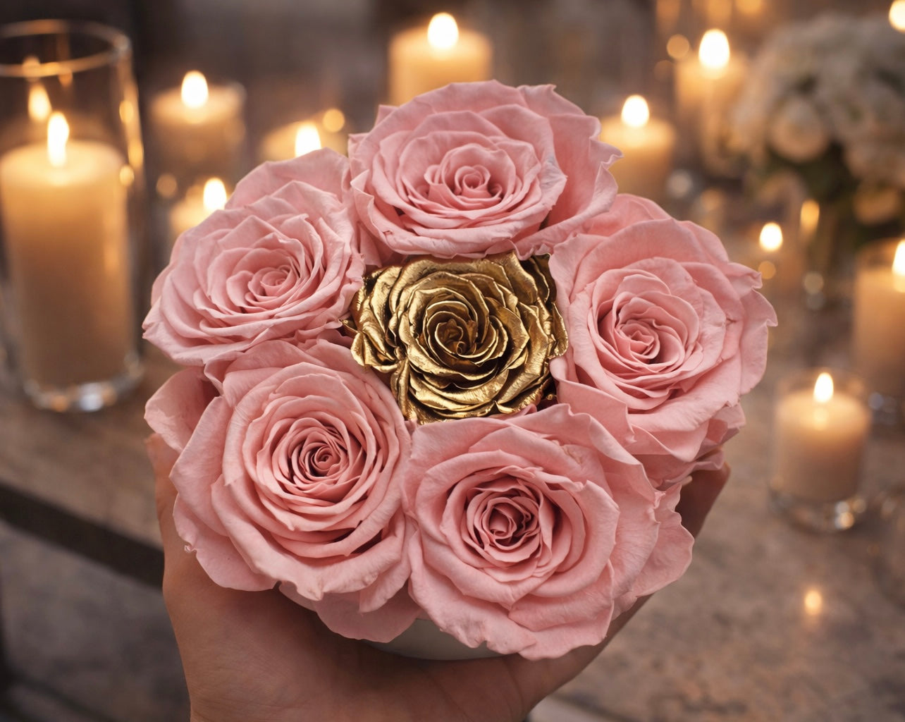 High Rim Stone Base 'Pink Crown' XL Ecuadorian Dusty Pink Preserved Roses 24K Edition Luxury Centerpiece