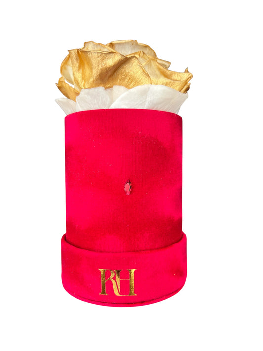 Signature Crystal Single: XL 24K Gold Preserved Rose Austrian Marquise Accent Red Velvet 4" Inch Tall Round Box