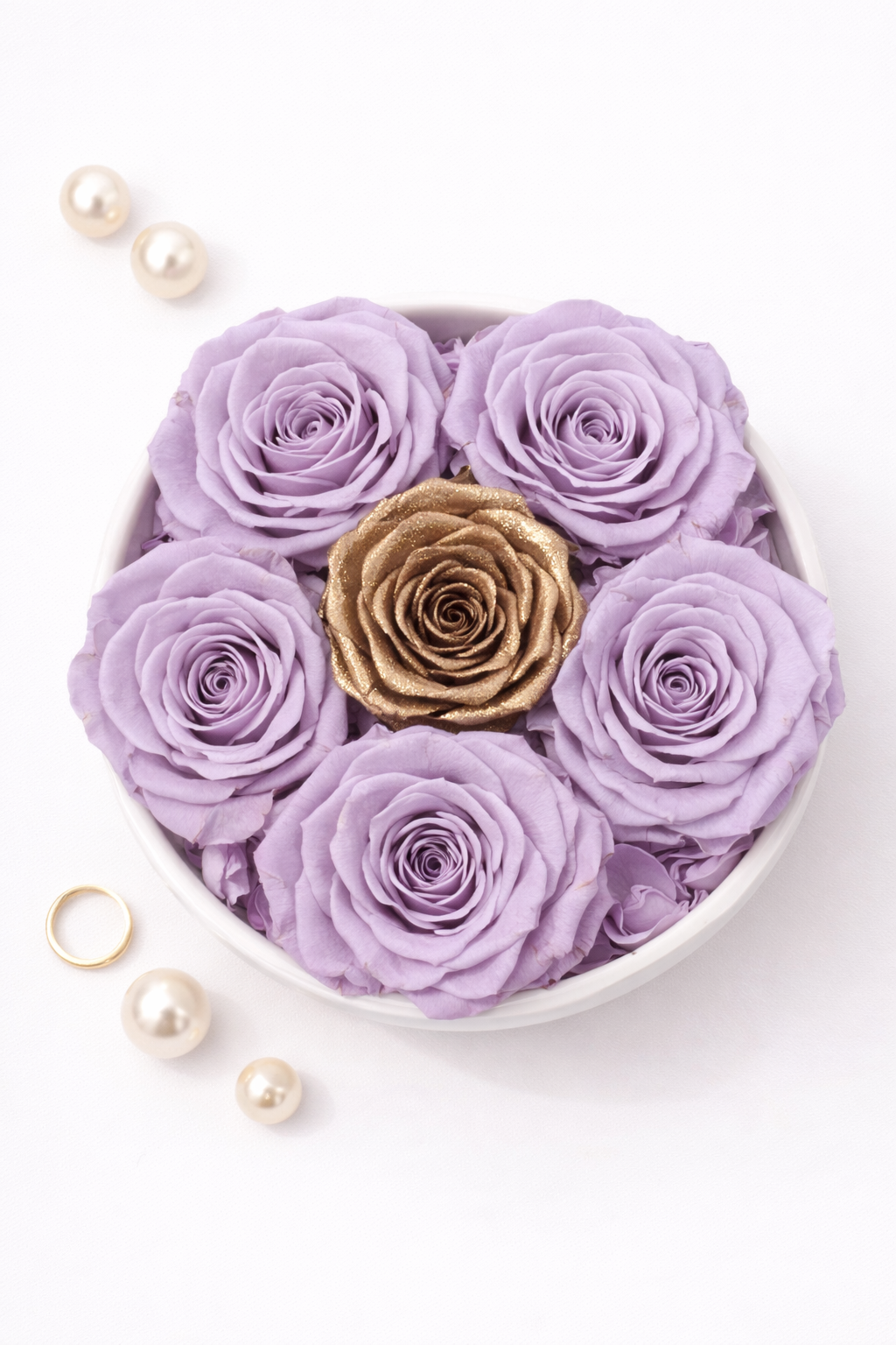 High Rim Stone Base 'Lavendar Crown' XL Ecuadorian Preserved Roses 24K Edition Luxury Centerpiece