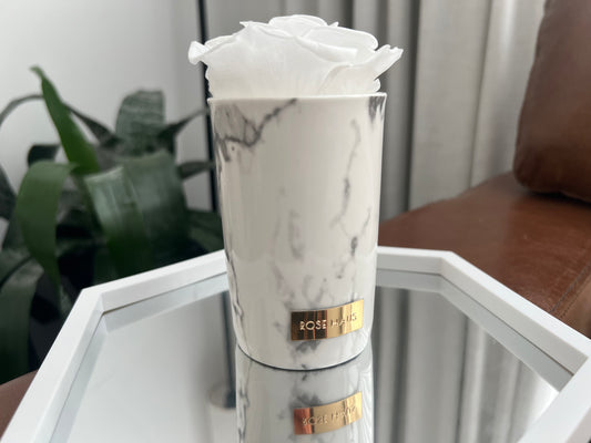 White Single Preserved Rose - 5" inch Marble Design Ceramic Mini Vase