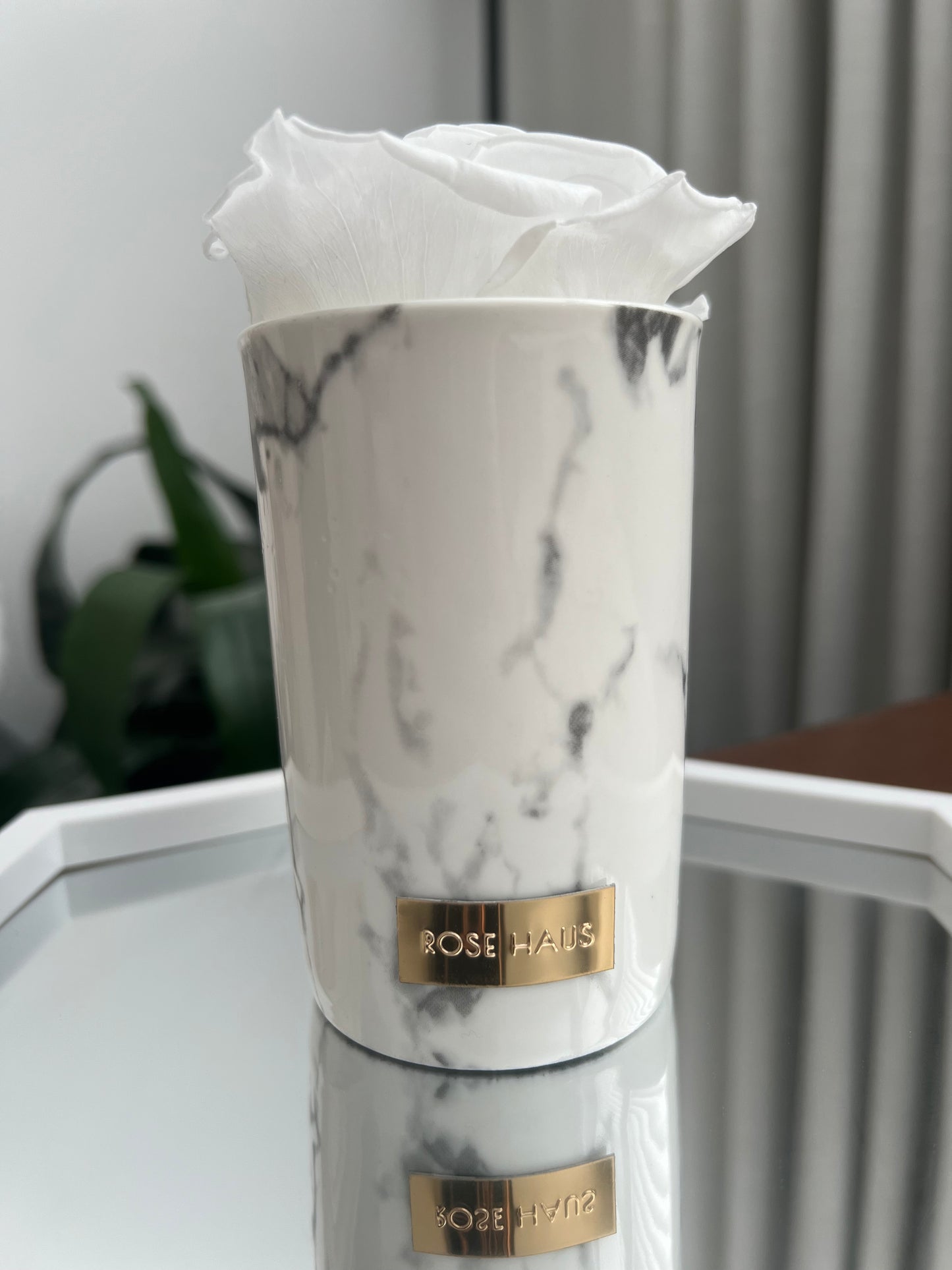 White Single Preserved Rose - 5" inch Marble Design Ceramic Mini Vase