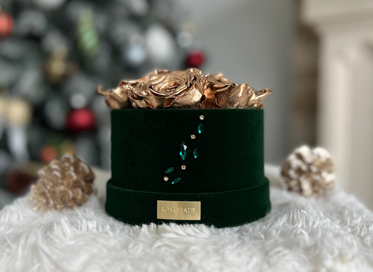 Holiday Swarovski Crystals 6 XL 24K Gold Preserved Roses Petite Emerald Round Velvet Box