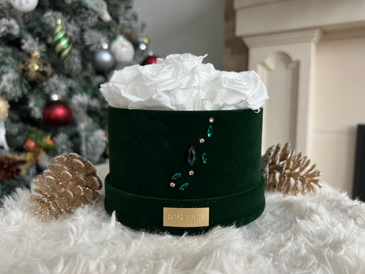 Holiday Swarovski® Crystals 6 White XL Preserved Roses in Petite Emerald Round Velvet 5.5"  Box