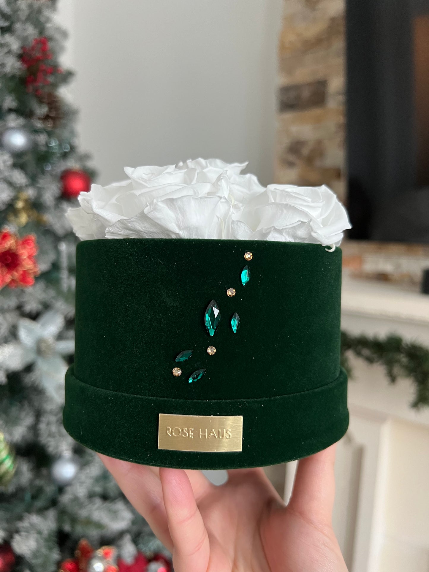 Holiday Swarovski® Crystals 6 White XL Preserved Roses in Petite Emerald Round Velvet 5.5"  Box