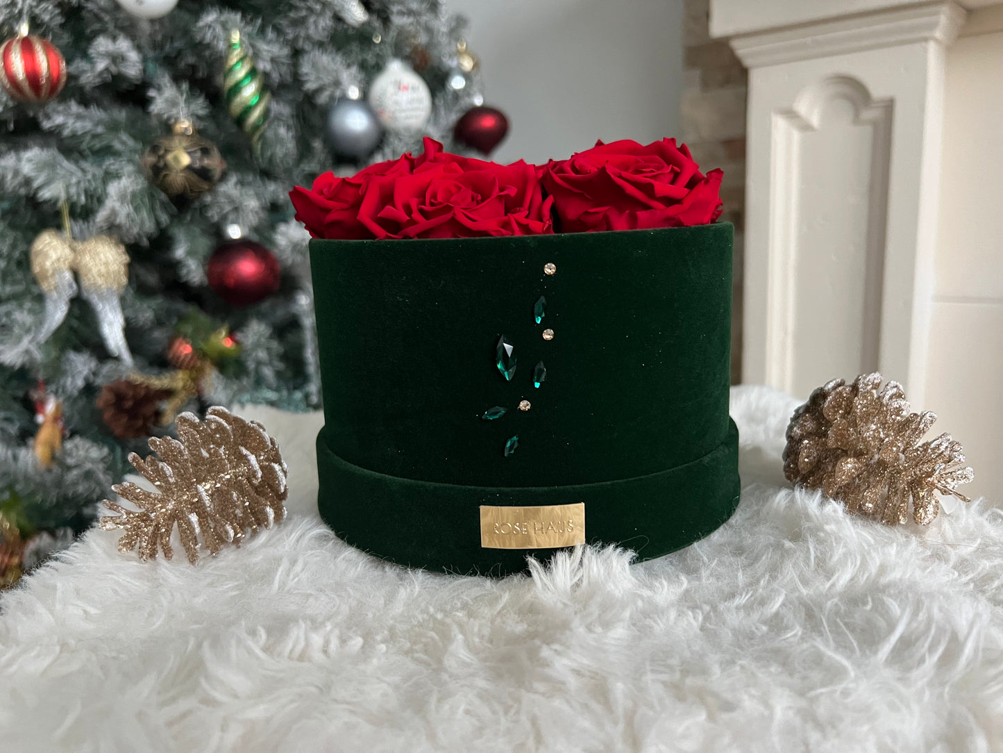 Holiday Swarovski® Crystals 6 RED XL Preserved Roses in Petite Emerald Round Velvet 5.5"  Box
