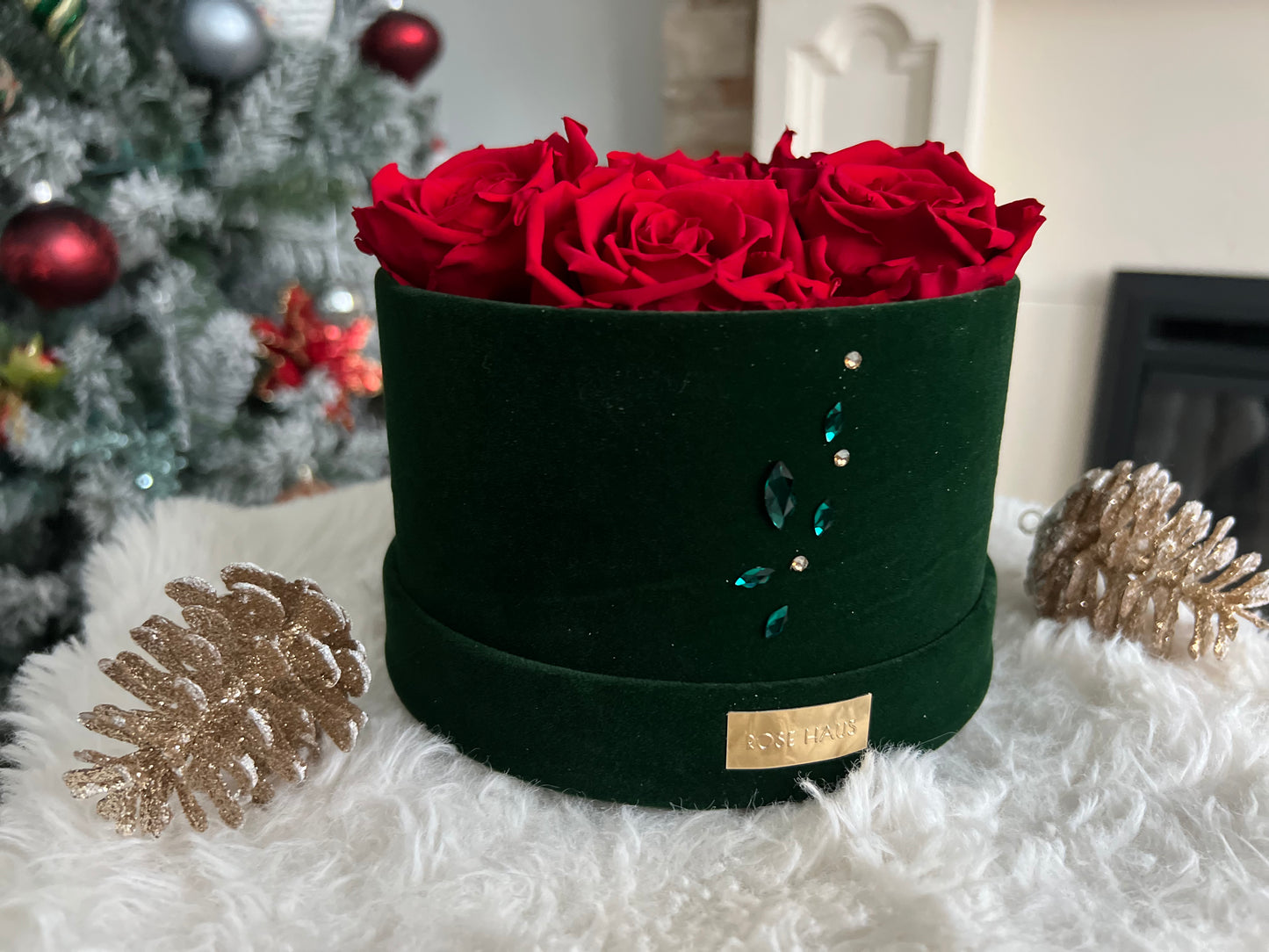Holiday Swarovski® Crystals 6 RED XL Preserved Roses in Petite Emerald Round Velvet 5.5"  Box
