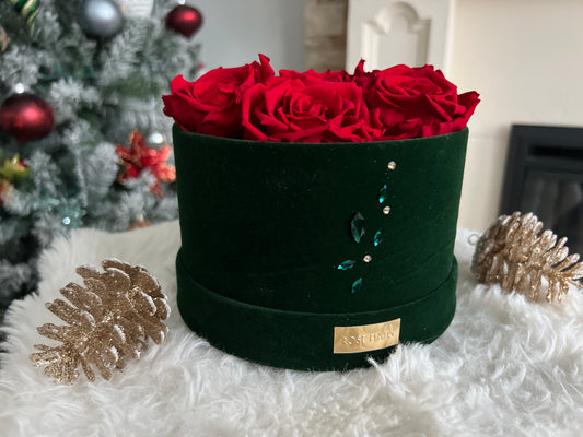 Holiday Swarovski® Crystals 6 RED XL Preserved Roses in Petite Emerald Round Velvet 5.5"  Box