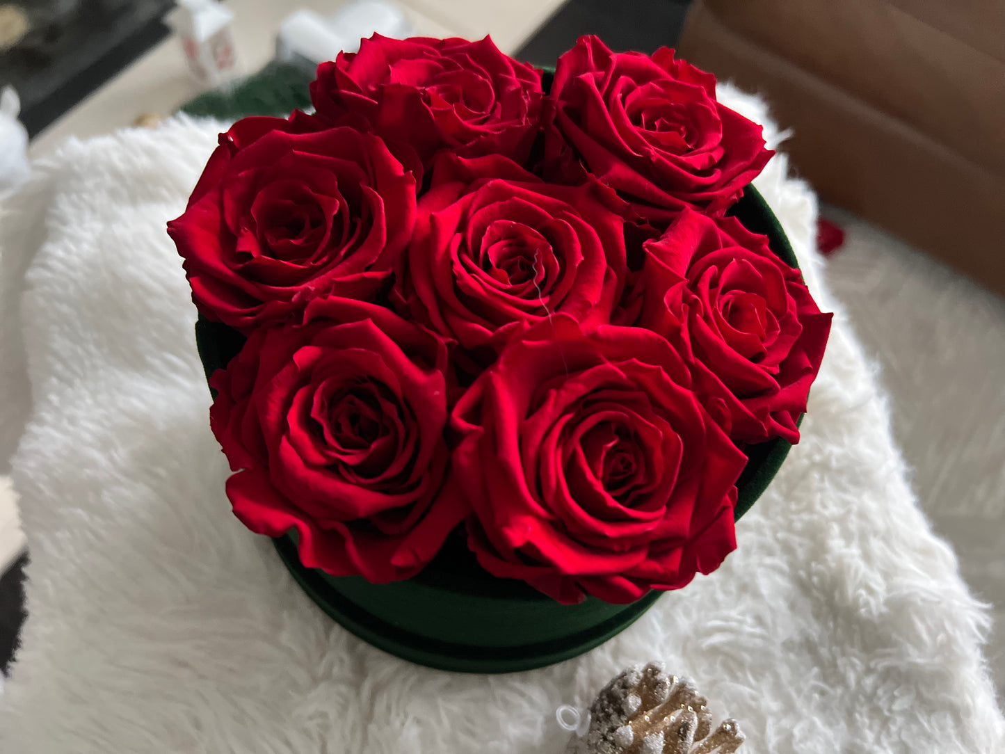 Holiday Swarovski® Crystals 6 RED XL Preserved Roses in Petite Emerald Round Velvet 5.5"  Box