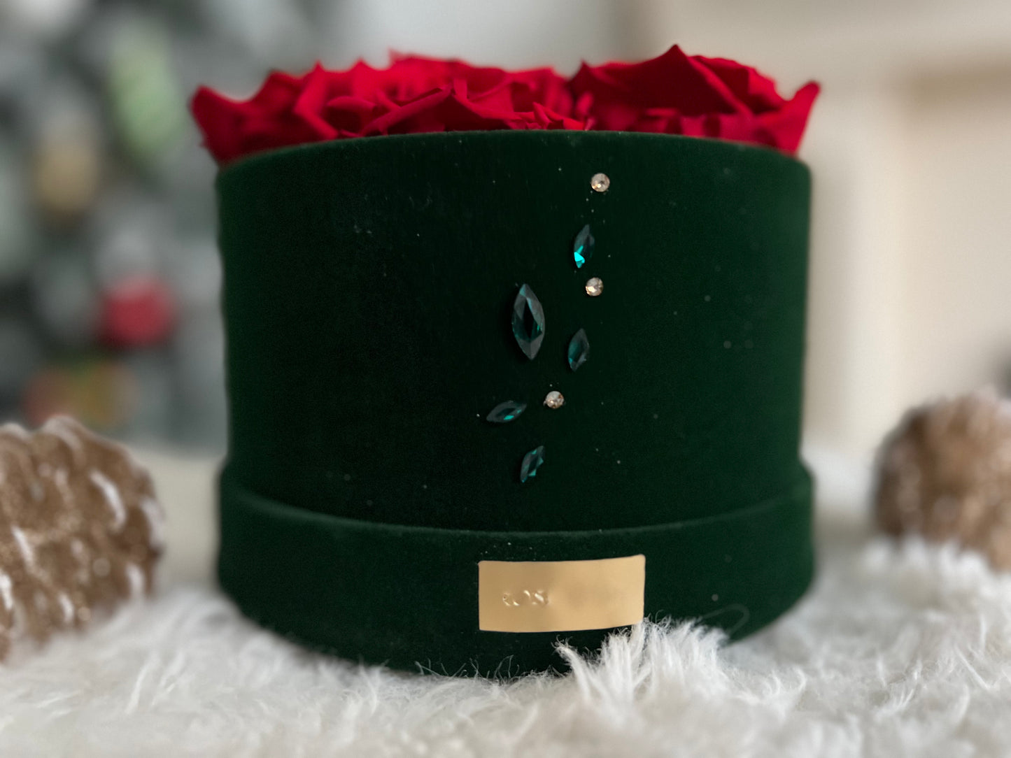Holiday Swarovski® Crystals 6 RED XL Preserved Roses in Petite Emerald Round Velvet 5.5"  Box