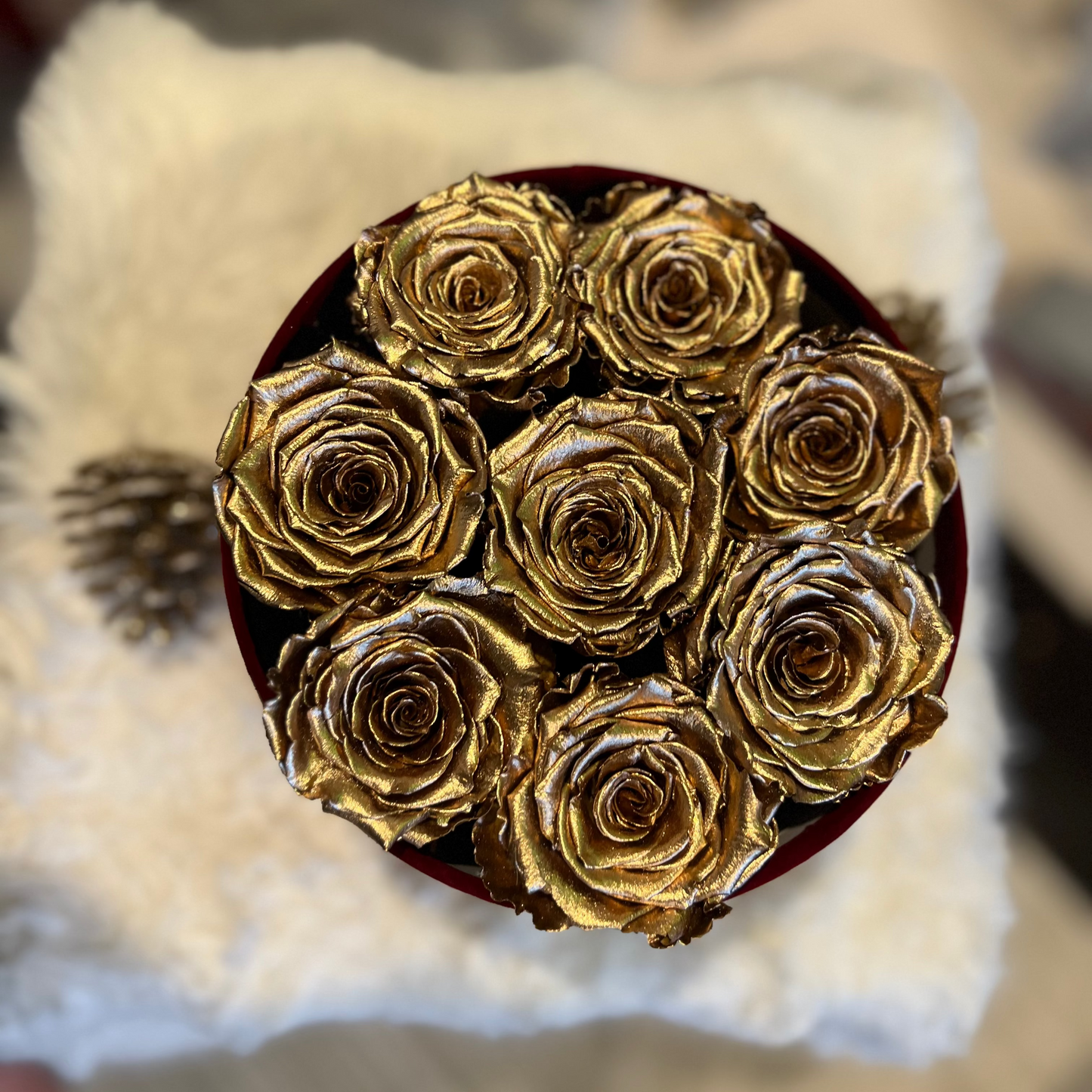 Holiday Classic Red Velvet Swarovski Crystals XL 24K Gold 8ct Preserved Roses Classic Red Round Velvet Box