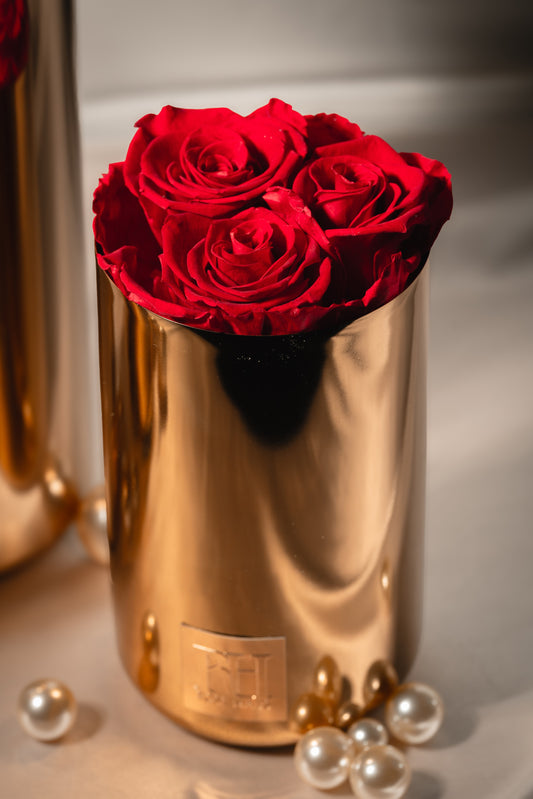 Gold Brass 7" Inch Vase Trio Full Bloom Vibrant Red L Ecuadorian Preserved Roses - Metal Plate