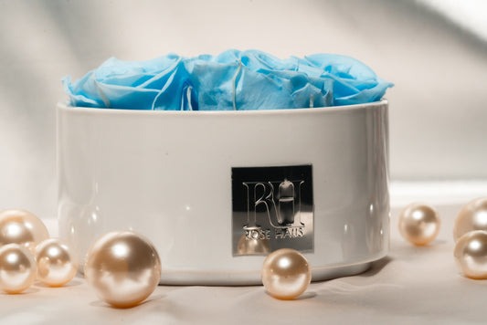 High Rim White Stone Base Light Blue L Ecuadorian Red Preserved Roses  Luxury Centerpiece