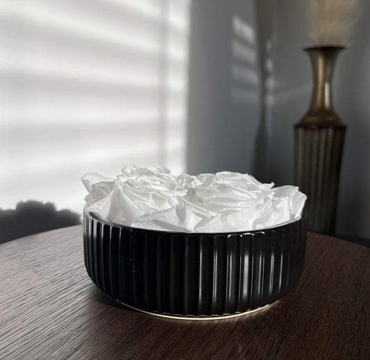 4 XL Ecuadorian Preserved Pure White Roses in a Minimalist Black Ribbed Flower Pot 6.5' Inch Diameter