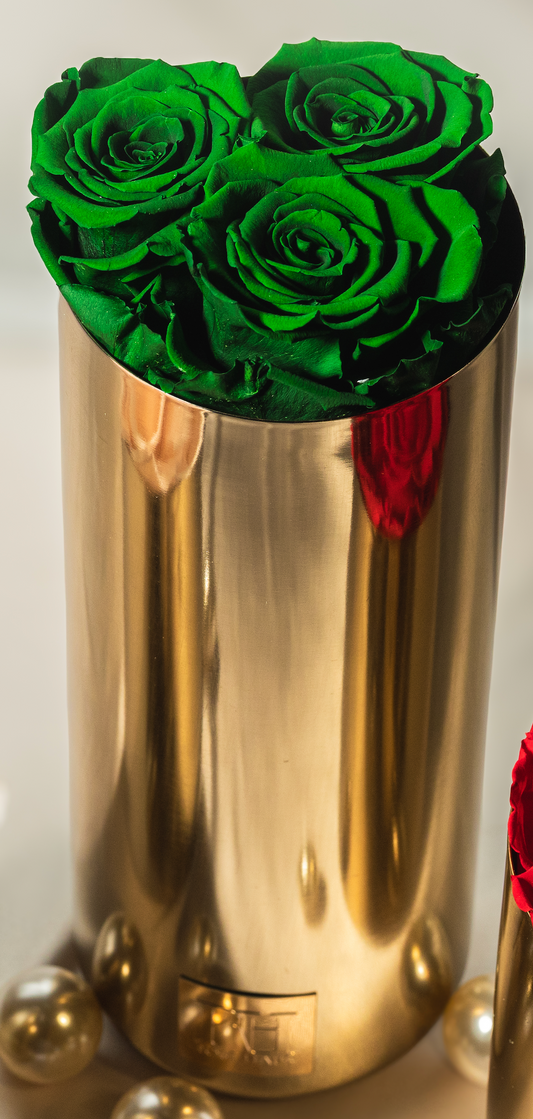 Gold Brass 11" Inch Vase Trio Deep Green L Ecuadorian Preserved Roses - Metal Plate