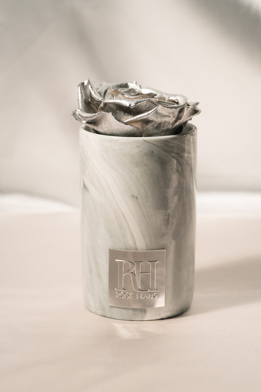 Metallic Silver Single Preserved Rose - 5" inch Grey Ceramic Mini Vase Marble Design