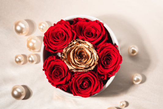 High Rim Stone Base 'Crimson Crown' XL Ecuadorian Red Preserved Roses 24K Edition Luxury Centerpiece