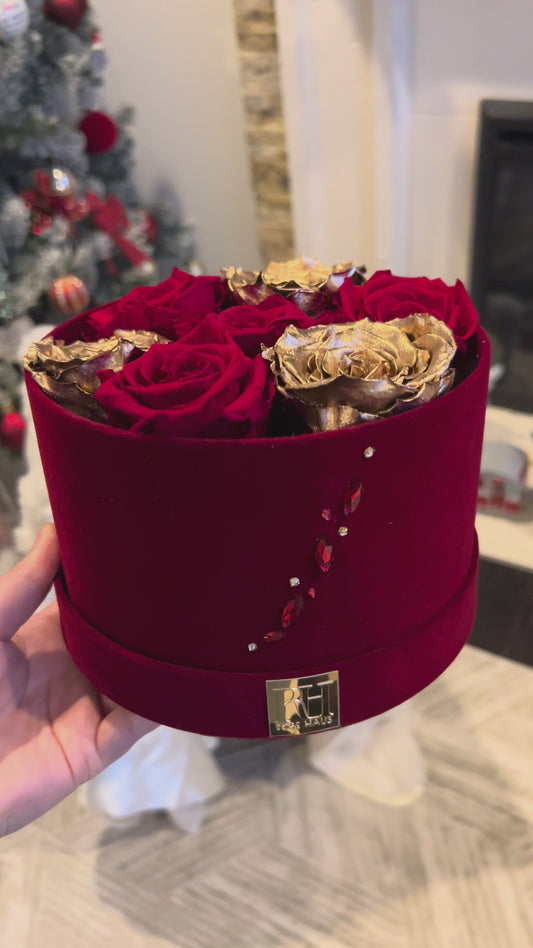 Holiday Classic Red Velvet Swarovski Crystals Red 24KGold Center 8ct Preserved Roses