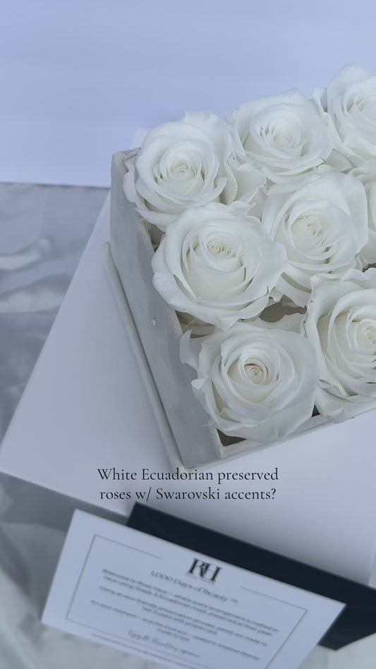 9 XL White Ecuadorian Preserved Roses in 6.5" Inch Ivory White Velvet Box w/ Swarovski Accent